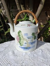 Vintage Extra Large ceramic Chinese Teapot with Rattan Handles