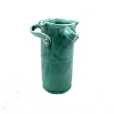 Antique Baron Barnstaple Pottery Three Twist Handled Sea Green Vase 20cm