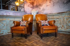 PAIR of ANTIQUE TAN DISTRESSED STUD LEATHER VICTORIAN STYLE CLUB LIBRARY CHAIRS