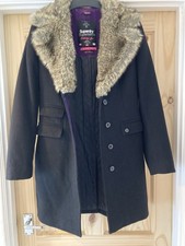 Superdry Boho Town Coat black wool mix knee length faux fur collar Size X Small