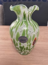 Murano Style Art Glass Ruffled Bud Vase Green with Rock Design Stunning VGC