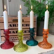 4x Colourful Cut Glass Candlestick Holder Bright Lime Green Raspberry Garden 