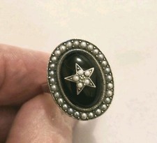 Vintage Silver Whitby Jet Pearl Star Ring 