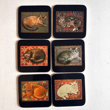 Cloverleaf Cat Coasters Vintage Boxed Set of 6 Cork Backed 4" x 4"