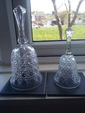 2 X VINTAGE BUTTON AND CANE CUT CLEAR CRYSTAL BELLS WITH CRYSTAL DROP CLACKER