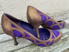 LULU GUINNESS PURPLE BRONZE SUEDE LEATHER VINTAGE DECO HEELS SHOES 40 7 