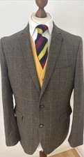 Tweed Khaki Herringbone Check Sports Jacket Blazer by Moss Bros. 44R Slim Fit