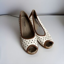 Cushion Walk "Hope" Navy Cream & Tan Peep Toes with Cut Out Pattern  Shoes