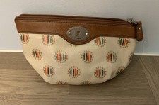 New Fossil Key Per Make Up Cosmetic Travel Bag Cream Mix Tan Leather Trim BNWOT