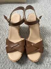 F&F Women's Wedges UK Size 6.5 Brown Leather Sensitive Sole Buckle Strap Used