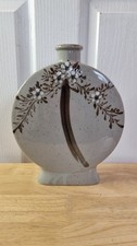 Vintage Circular Grey Ceramic Vase With Handpainted Floral Design