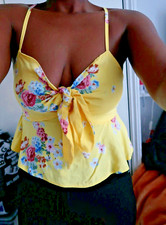 Ladies Strappy Yellow Floral Print cami summer self tie low cut Crop top blouse