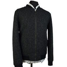 Harris Tweed Black Herringbone Bomber Harrington Jacket Coat - sz Large PRISTINE