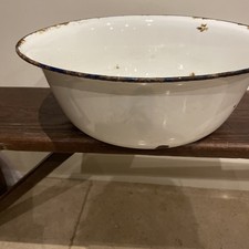 Vintage 1950s white large enamel bowl with blue rim trim