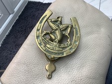 Isle of Man Vintage door knocker brass kicking legs Quocunque Jeceris Stabit