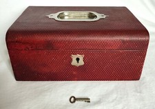 Antique Victorian Dark Red Leather Jewellery Box-Red Velvet Interior-Lock & Key