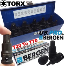 BERGEN IMPACT TORX BIT Sockets Set 1/2" Drive Impact TX Star Sockets T20 To T70