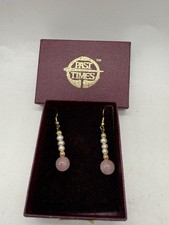 Past Times Earrings Rose Quartz & Pearl Beads Gold Tone Dangle Vintage Boxed 