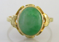 Gold Jade Ring - 18K (Asian) Gold Cabochon Oval Jade Dress Ring Size M 1/2