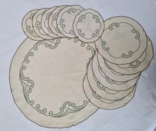 Vintage Set of 13 Matching Green Embroidered Cloth Doilies/Dressing Table Mats 