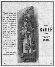 THOS RYDER Bolton; Lathe Manufacturers - Antique Engineering Advert 1909