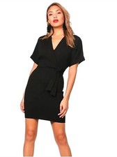 Boohoo wrap tea dress UK 8-10 womens belted ladies black belted party 