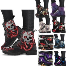Womens Goth Punk Combat Boots Skull Print Biker Ankle Booties Halloween Party