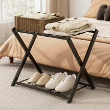 Folding Suitcase Stand Luggage Rack with Storage Shel-Black