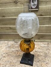 Antique  Oil Lamp Duplex Burner Amber Glass Font Acid Etched C:-1900s..