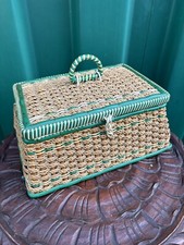 Vintage 1950s Sewing Box Basket Green Woven
