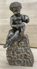 ART STATUE 19th C FRENCH Nickel Plated Spelter Cherub w/ Dead Bird Lamp Base