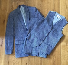 Blue Herringbone Tweed Mens 3pc Suit Wool Mix, Size 38 Chest, 36 Waist, Long Fit