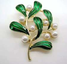 1PC Art Deco Style Enamel Mistletoe Brooch