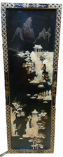 Chinese Mother of Pearl Panel Inlaid Carved Floor Screen Black Lacquer Vintage