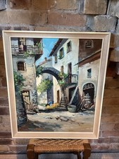 Antique Italian Painting Depicting Village Life Scene By P.Rivoli Oil On Canvas