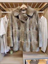 VINTAGE BROWN REAL FUR LARGE JACKET OVERCOAT LINED FORMAL HOOK FASTEN WOMENS