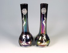 ANTIQUE PAIR LOETZ GLASS SILVER OVERLAY RUBIN MATTE VASES