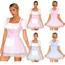 UK Women's French Maid Costume Apron Uniform Gingham Fairytale Dress Halloween