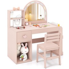COSTWAY Kids Vanity Table and Chair Set Girls Vanity Set w/ Lighted Mirror-Pink