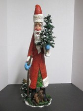 Old World Primitive Santa Claus With Walking Stick, Tree And Squirrel 18”x 6” !!