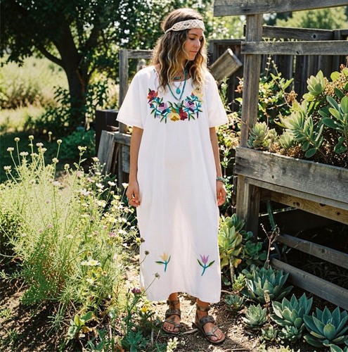 Boho mexican embroidered dress - embroidered,