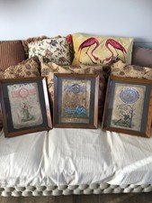 3 Vintage Framed Hand Painted Indian Gouache Paintings On StampPaper Beautiful !