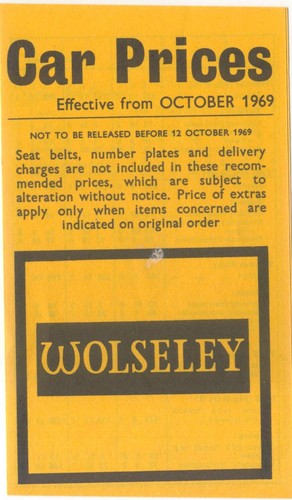 Wolseley price list - list, 1969