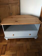Corner TV unit up cycled solid pine, top waxed and grey painted with storage.