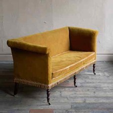Vintage Regency Sofa Golden Draylon Velvet Upholstery Webbing Seat Fringe Accent