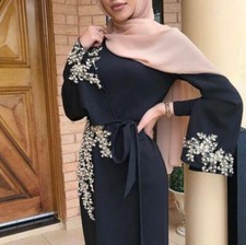 Black Abaya Flare Long Sleeve, Floral Lace Beading Patchwork Turkey Hijab Robe
