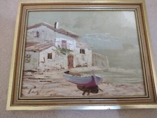 Fishing Boat On Shore Oil Painting On Board Vintage  Signed Framed 26cmX20cm