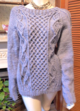 Aran Wool Hand Knitted Blue Cable Chunky  Jumper Size L
