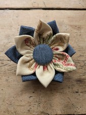 Upcycled Handmade Blue Denim Kanzashi and Canvas Fabric Flower Brooch OOAK