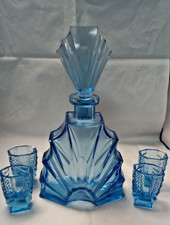 Vintage Bohemian Moser Fan Art Deco Blue Glass Decanter & 4 Shot Glasses